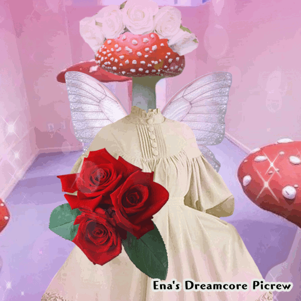 doll maker portrait with red mushroom head, white dress, and purple fairy wings on pink and purple backdrop.