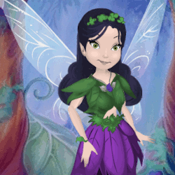 doll maker portrait in disney fairy style with black hair, green leaf shirt, purple skirt, and pointy white wings.